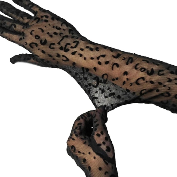 Black Sheer Elegant Leopard Animal Print Elbow Opera Length Gloves NWT - Picture 2 of 2